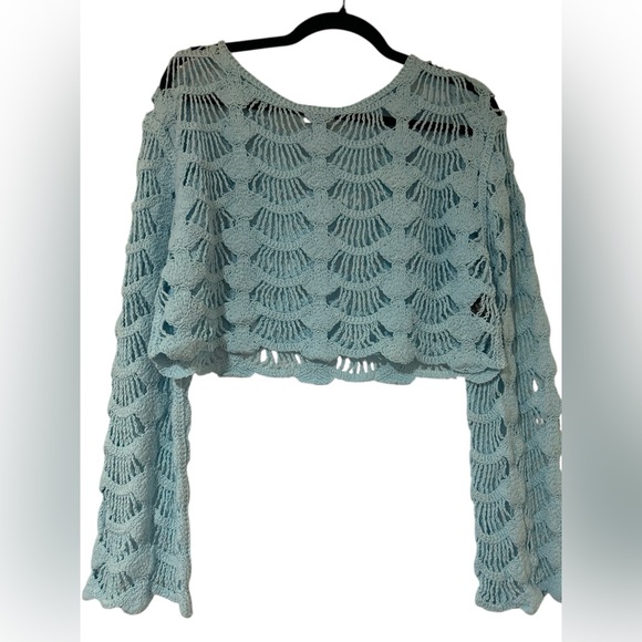 POL bohemian cropped Crochet Knit Sweater in Light Blue with bell sleeves OS - Picture 2 of 5